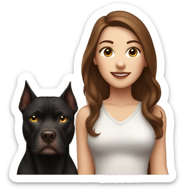white woman with long brown hair and cat shaped eyes standing alongside a black pitbull  sticker