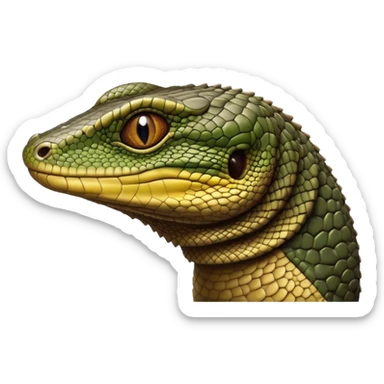 Cinematic Realistic Noble Monitor Lizard Portrait Emoji, Poised and imposing, with a robust, muscular build and a rugged, intricately scaled hide in natural olive and dark brown tones, a sharply defined head with intense, observant eyes, rendered with lifelike detail and authentic texture, high shine, intelligent and formidable, styled with an air of desert authority, focused and attentive, soft glowing outline, capturing the essence of a watchful and confident monitor lizard that appears ready to stride out of the screen with effortless power! sticker