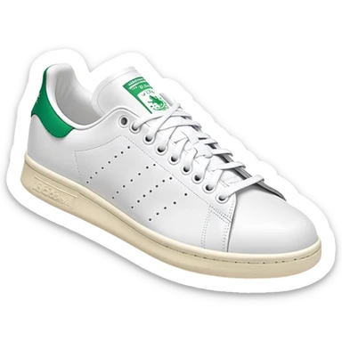 Classic white Adidas Stan Smith sneaker with green heel tab, white leather body, side view, perforated three stripes, iOS emoji style sticker
