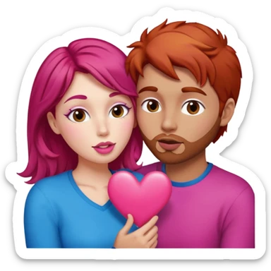 mujer pelirroja y hombre con pelo café haciendo cara de beso pero con un corazón entremedio sticker