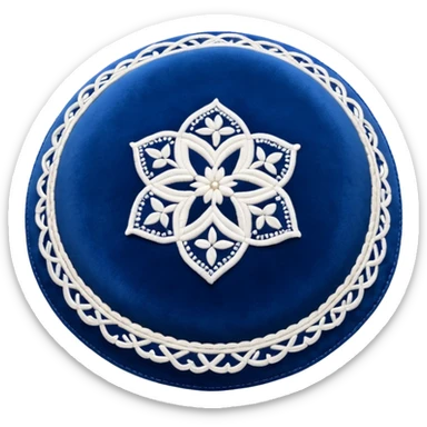 blue velvet Jewish kippah with white embroidery, viewed from above sticker