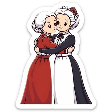 Two modest Victorian women hugging, one with white hair and one with copper red hair, wearing long Victorian dresses sticker