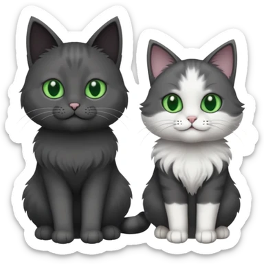 one dark grey and white cat and one completely solid dark grey cat with green eyes and only white paws sticker