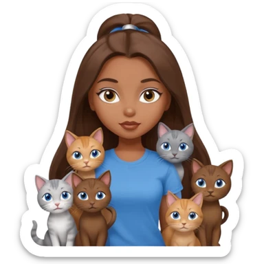 a pretty bratz dusky girl with long brown hair, blue eyes with six cats nd wearing a grey tshirt sticker