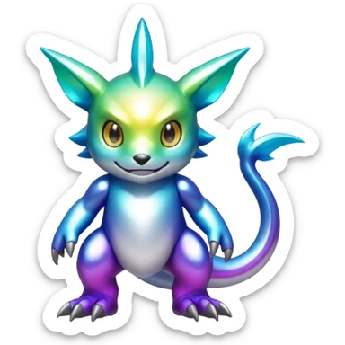 white iridescent colorful metallic alloy gradient shiny glossy Fakémon-Digimon-creature-hybrid (full body) sticker