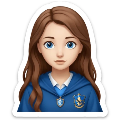 gorgeous Girl with light skin, blue eyes, long brown hair, wears a ravenclaw outfit sticker