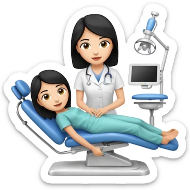 olive skin dentist with black hair leaning over a patient in a dental chair sticker