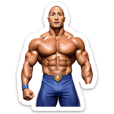 Dwayne 'The Rock' Johnson on stage at the Mr. Universe bodybuilding competition, covered in oil, flexing his powerful muscles. His physique shines under bright stage lights, showcasing his strength and dedication. The audience and judges are blurred in the background. Transparent background. sticker