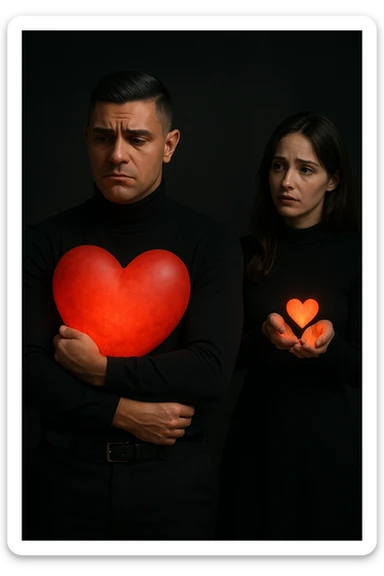 an Italian man in his 30s with olive skin and dark hair stands apart from a woman who offre un piccolo cuore luminoso tra le mani. Lui guarda il cuore con un’espressione triste e insoddisfatta, tenendo tra le braccia un cuore molto più grande e brillante, mentre la distanza tra loro è accentuata da luci soffuse e ombre. sticker