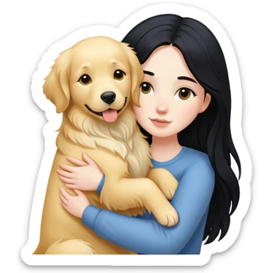 A white girl with long black  hair tightly hugged a Golden Retriever sticker