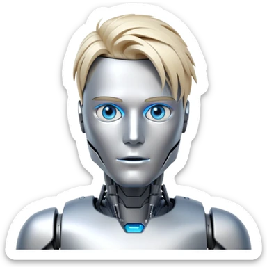 Male humanoid robot with messy straight blond hair, metallic face, digital eyes, sharp jawline, futuristic sticker