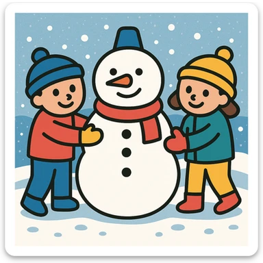 Add a snowy background behind the kids building a snowman, keep the original color outline icon style sticker