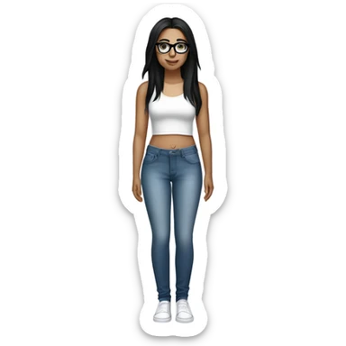 White girl with straight black hair and glasses wearing a white crop top and jeans glasses full body sticker