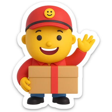 Create a 3D smiley emoji in a friendly style, round shape, youthful and cute courier with only two hands, one holding a package and the other waving, big smile, round eyes, on a transparent background. The style should be reminiscent of 3D emoji but with a warm and approachable look. sticker