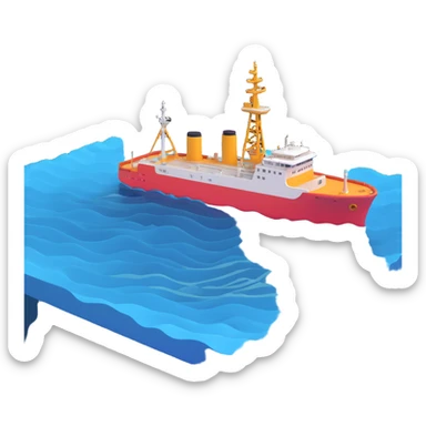 Hydroacoustic map showing radio waves from a ship on the water surface scanning down to the seabed sticker