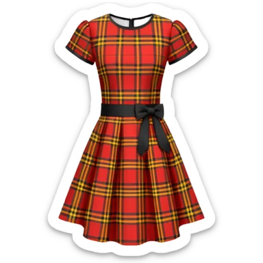 No human figures, Women's MacQueen' Tartan Mini Dress in Red/Black/Yellow, crew neck, cap sleeves and a handkerchief hem. Isolated rendering sticker