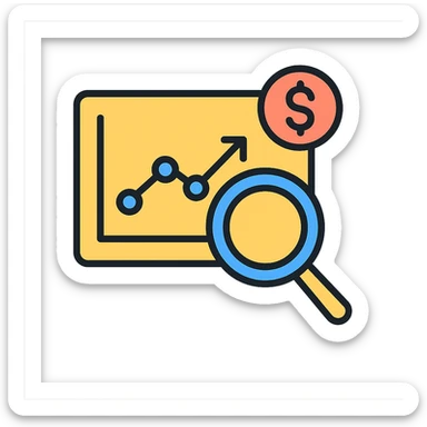 icon representing analytics for sales, magnifying glass over sales chart, clean modern icon style sticker