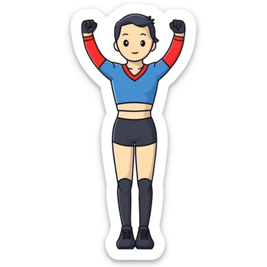 person standing with legs apart, wearing three-point shorts and black pantyhose sticker