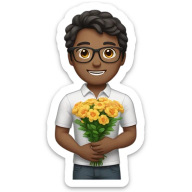 white skin guy with dark hair and glasses gives a bouquet of flowers sticker