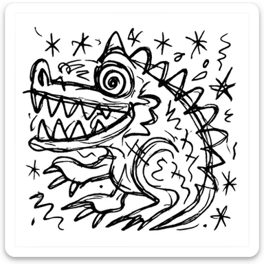 hand-drawn outlined crocodile with a quirky, chaotic design sticker