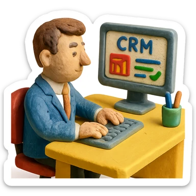claymation style office worker with brown hair, working on CRM at desk sticker