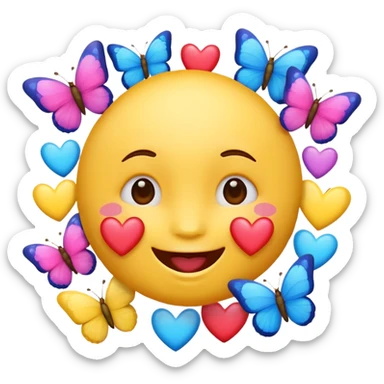 joyful emoji face surrounded by colorful hearts and butterflies sticker