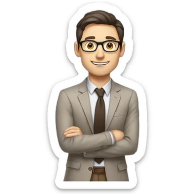 Pale skinned fit man with dark brown hair in gray jacket, beige office shirt, brown tie, brown pants and vintage glasses Writing on the flipchart sticker