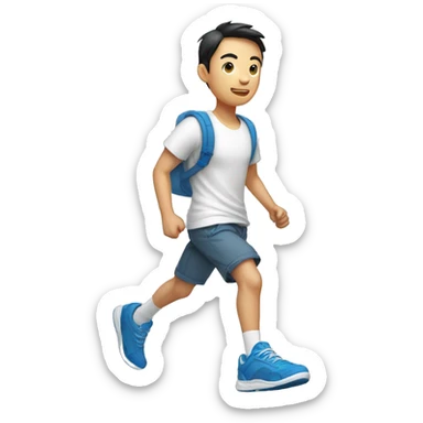 teen men asian with short pants, white shirt sarcasm imprint, colorful teel blue running shoe sticker