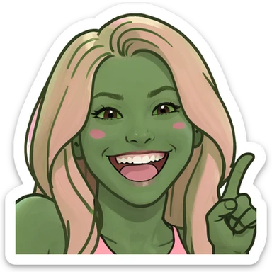 blonde girl with long hair brown eyes wearing pink laughing and pointing sticker