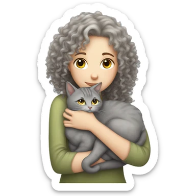 White Girl curly hair cuddling with grey cat sticker