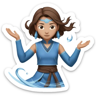 Katara from Avatar: The Last Airbender as an emoji, blue Water Tribe outfit, brown hair, waterbending pose, expressive face sticker