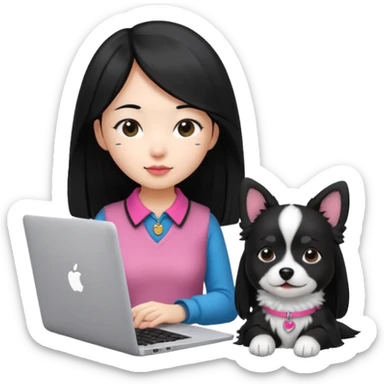 Asian girl with long black hair working on an Apple laptop, next to her is a small black and white dog with pink collar on  sticker