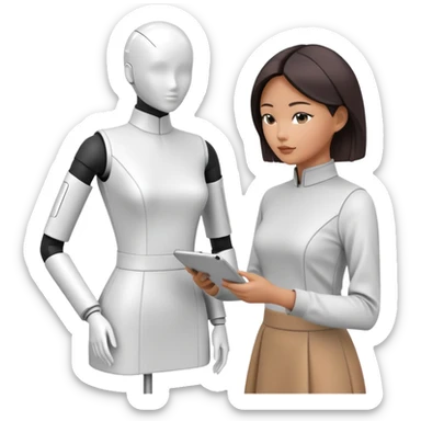 asian female clothing designer, designing futuristic clothing on a faceless mannequin sticker