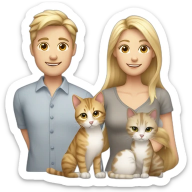family with blond mother with straight blond hair, son with blond hair, brindle cat and white cat with gray spots sticker