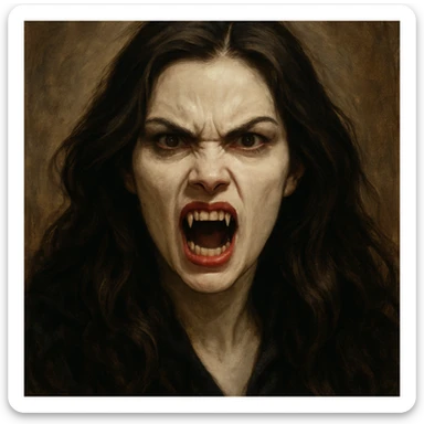 vampire woman with white skin, brunette, long hair, angry face, fangs out, detailed expressive style sticker