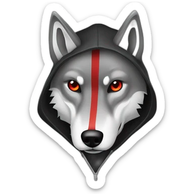 grey wolf with red eyes wearing a black hood holding  sickles sticker