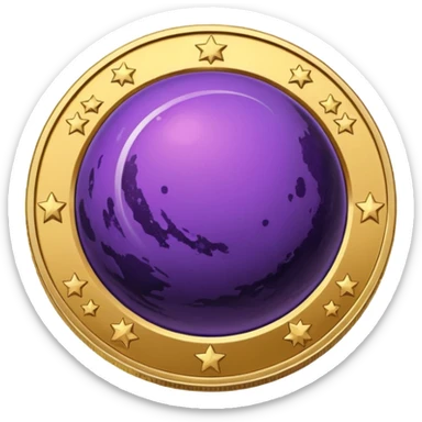 a cartoonish space-themed coin with a purple planet on it sticker