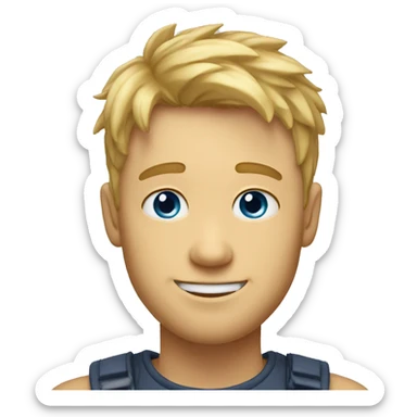 A TOK emoji of a blonde man with messy bangs and short hair on the sides, smiling and without glasses, with blue eyes, without a mustache sticker