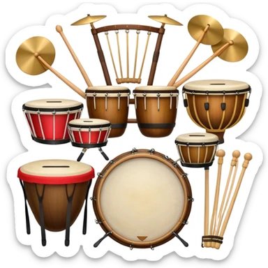 Create a professional, emblem-like emoji representing percussion instruments, including both traditional and folk drums. Feature a snare drum, bass drum, timpani, cymbals, marimba, tambourine, djembe, bongos, cajón, triangle, castanets, and ratchets in a balanced, heraldic composition. Crossed drumsticks at the center symbolize rhythm, while a ribbon of musical notes weaves around the instruments. Use rich gold, mahogany, and silver tones with polished highlights. Add laurel wreaths and subtle engravings for a grand, festive feel. The design should be harmonious, visually complete, and on a transparent background. sticker