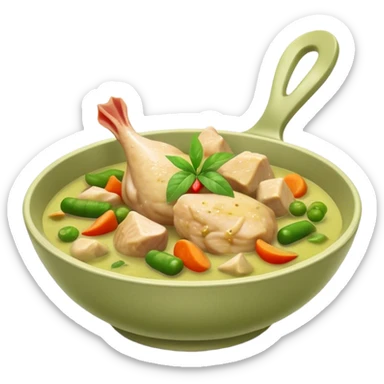 Green Chicken Curry Cinematic Realistic Green Chicken Curry Dish Emoji, depicted as tender chicken chunks simmered in a fragrant green curry sauce with vegetables, rendered with vivid textures and dynamic, vibrant lighting. sticker