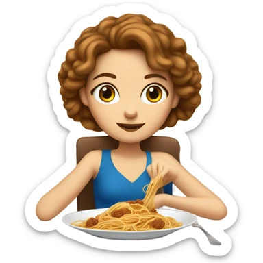 White girl blue eyes brown hair eating spaghetti  sticker