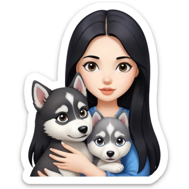 beautiful girl with long black hair holding a cute husky puppy sticker