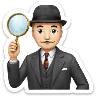 A cinematic-style frame showing Hercule Poirot in his iconic suit with a magnifying glass in a dramatic detective pose. Background should be mysterious city background and subtle clues like fingerprints or a crime scene. Transparent background. sticker