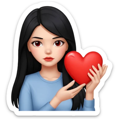 A Kendall Jenner with long black hair is sad and holds a red heart in her hands sticker
