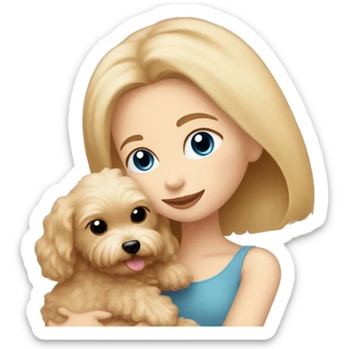 Blonde girl with long straight hair and blue eyes is hugging a small caramel maltipoo sticker