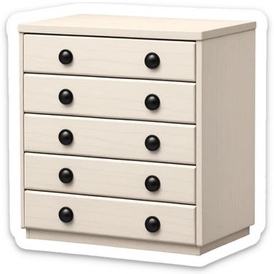 IKEA-inspired really deep white 6-drawer chest, one tiny black knob per drawer, stacked sticker