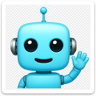 Edit the image to depict a light blue (#b0f2f8) cute robot with an antenna on its head, waving, in the style of an apple emoji. sticker