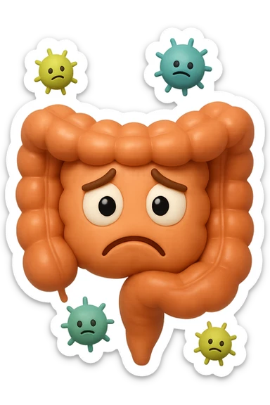 EMOJI STILE IPHONE 3D DI INTESTINO 3D CON ESPRESSIONE TRISTE  IN VOLTO MENTRE SOPRA LUI FLUTTUANO BATTERI, FAGLI ANCHE LA PARTE BIANCA DEGLI OCCHI, NON SOLO LA PUPILLA sticker