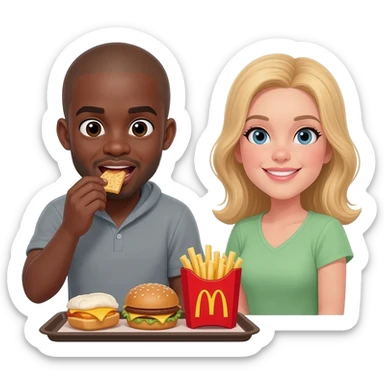 Black man with shaved head eating McDonald's with blonde woman sticker