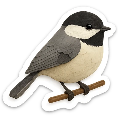 Carolina Chickadee on a branch, layered paper details, realistic feather patterns, black cap and bib, pale underparts sticker